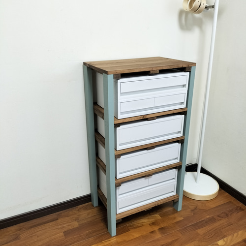 木製収納ラック 4段 グリーン引き出し付き 木製ラック ピスタチオグリーン 木製棚 収納棚 収納ラック 棚
