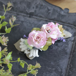 ピンクの薔薇と刺繍のお花のバレッタ　髪飾り　バレッタ 　ブルー　入学式　卒業式　結婚式　フォーマル　お出掛け　浴衣　バラ 5枚目の画像