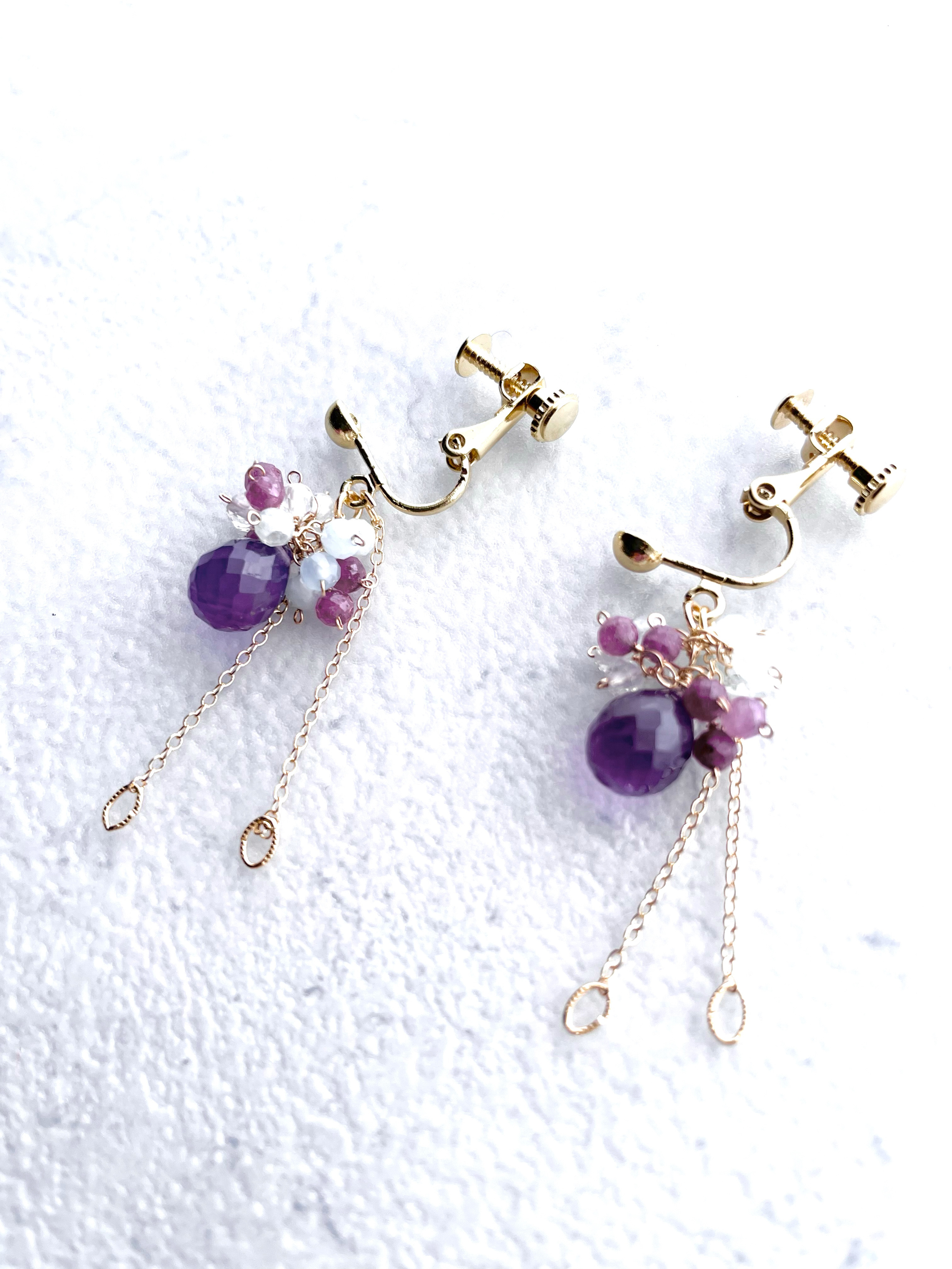 イヤリング　アメジスト　ルビー　アクアマリン　ギフト　ラベンダー　紫陽花　14kgf  天然石
