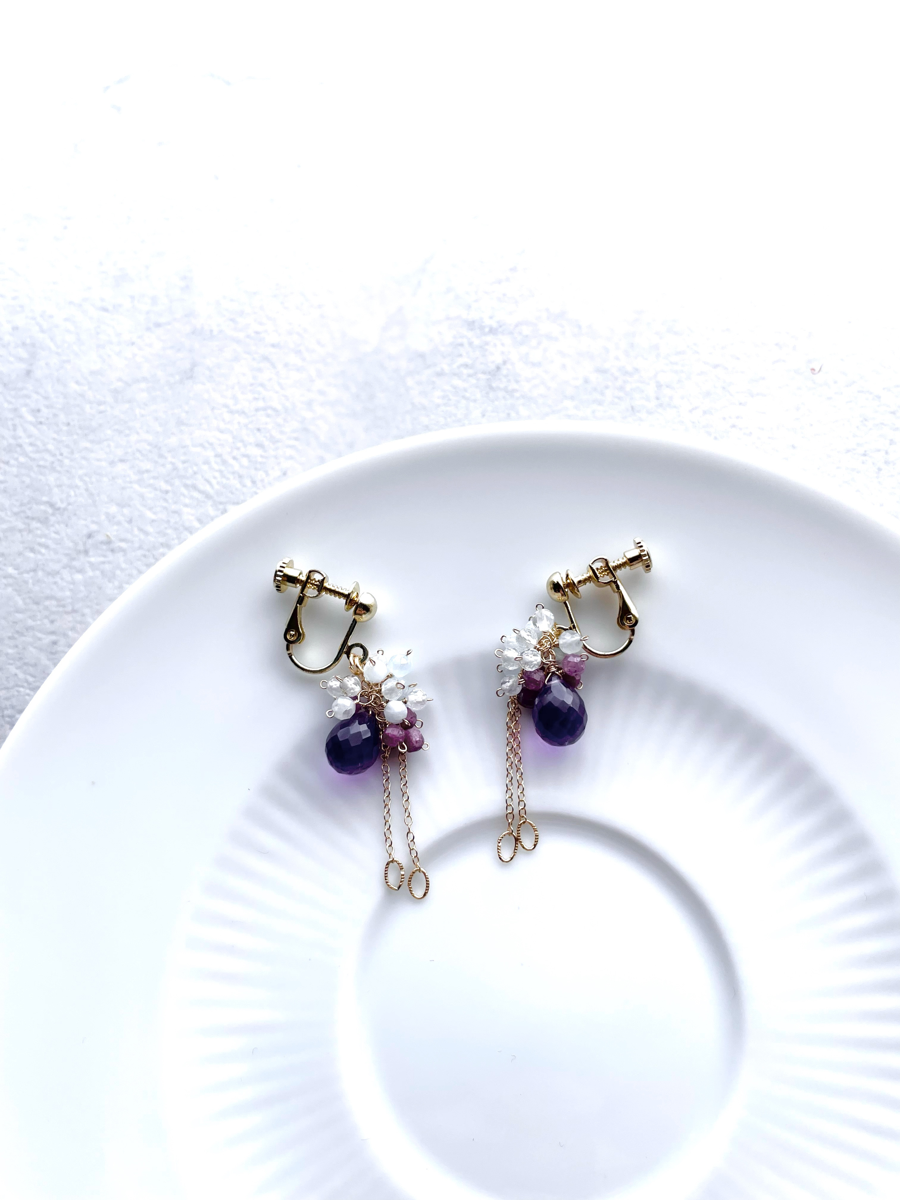 イヤリング　アメジスト　ルビー　アクアマリン　ギフト　ラベンダー　紫陽花　14kgf  天然石