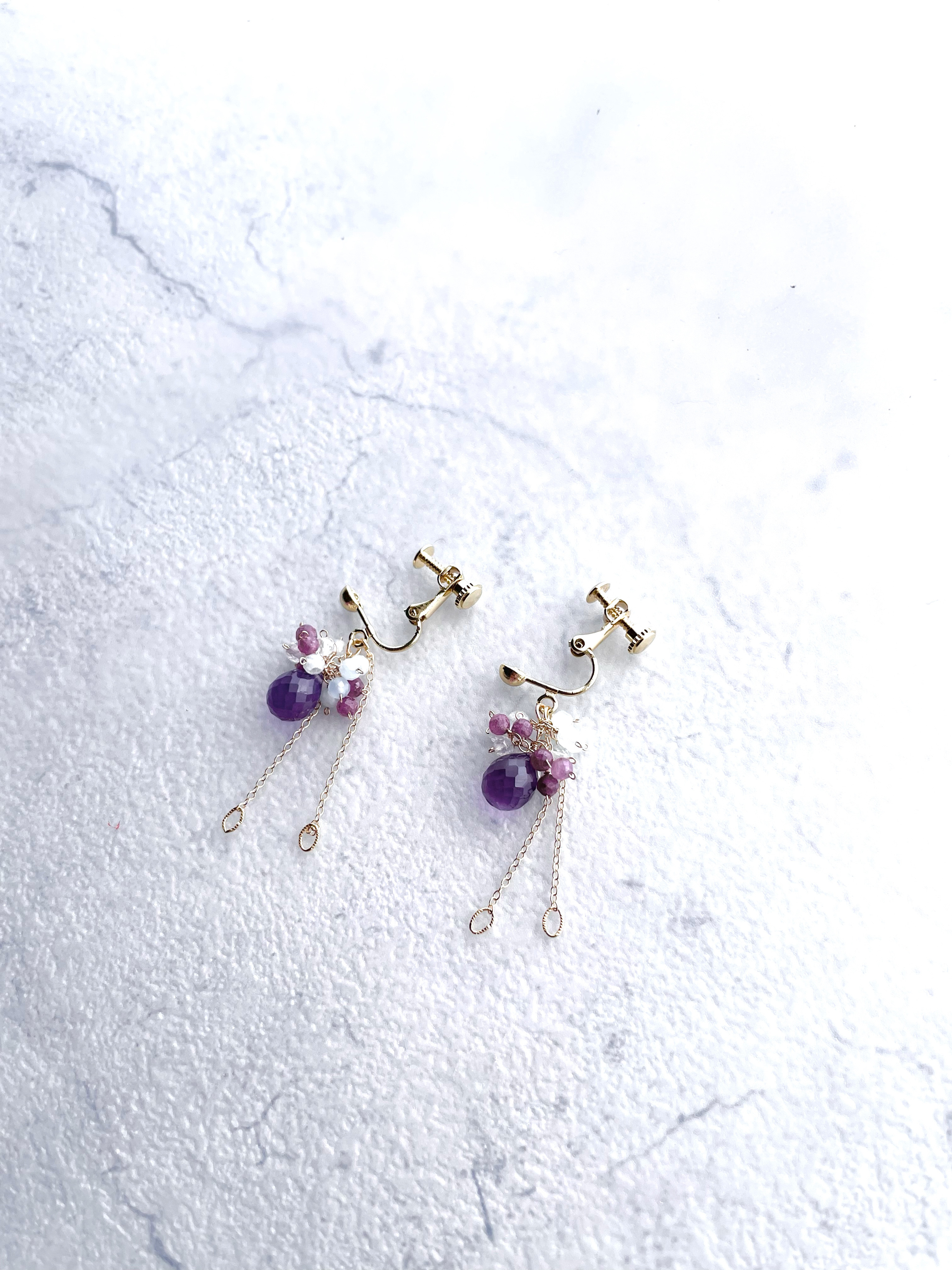 イヤリング　アメジスト　ルビー　アクアマリン　ギフト　ラベンダー　紫陽花　14kgf  天然石