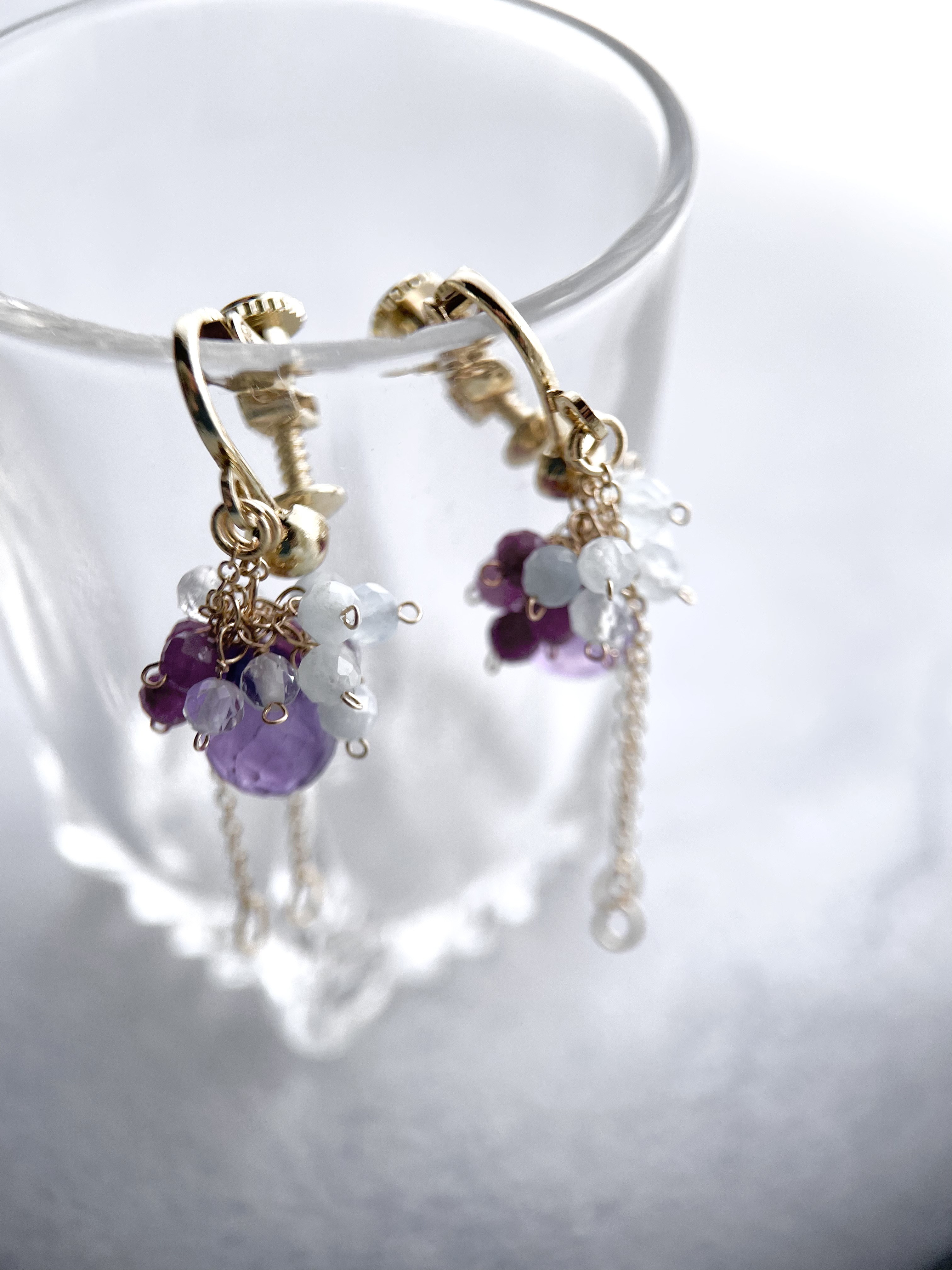 イヤリング　アメジスト　ルビー　アクアマリン　ギフト　ラベンダー　紫陽花　14kgf  天然石