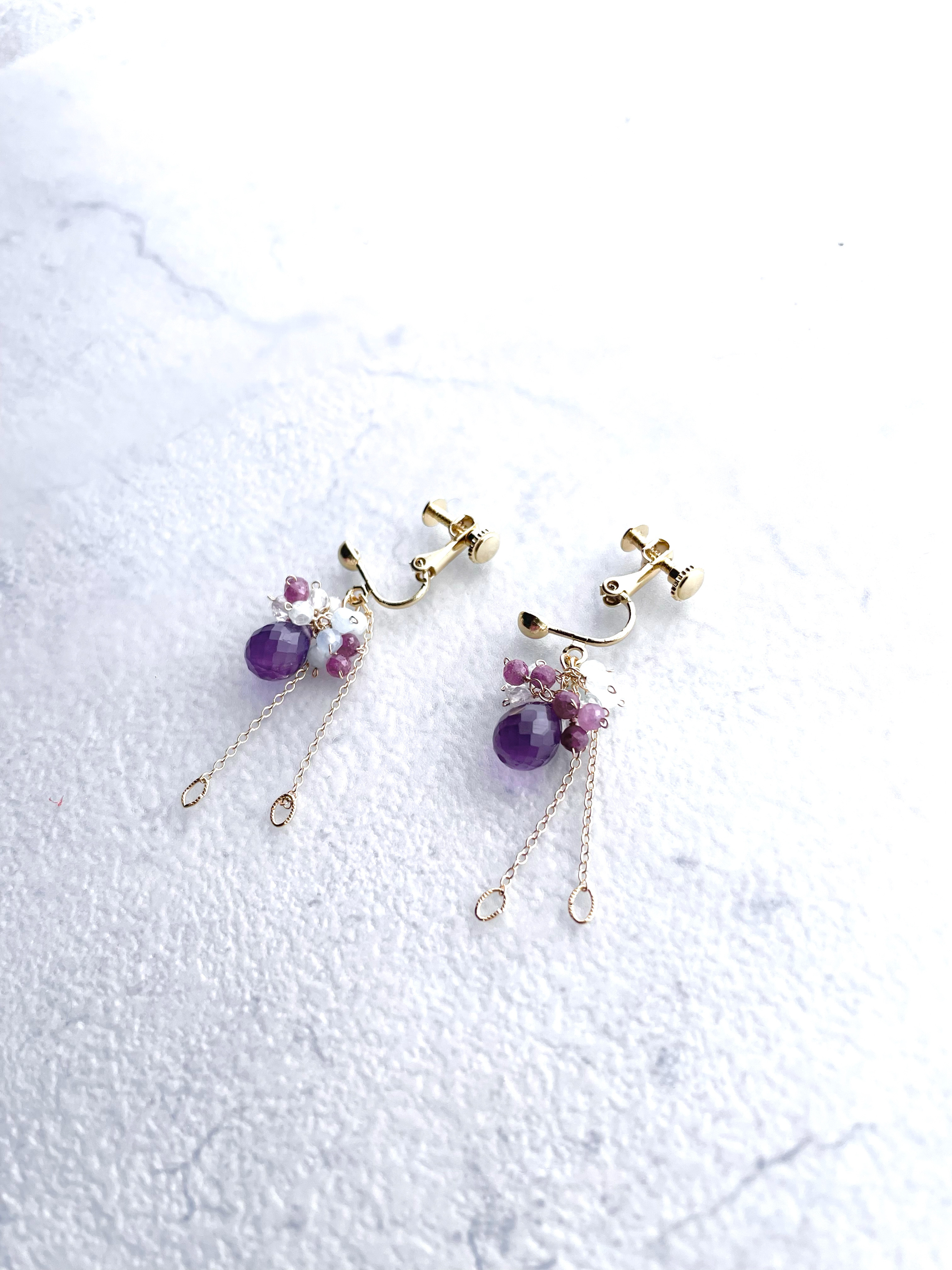 イヤリング　アメジスト　ルビー　アクアマリン　ギフト　ラベンダー　紫陽花　14kgf  天然石