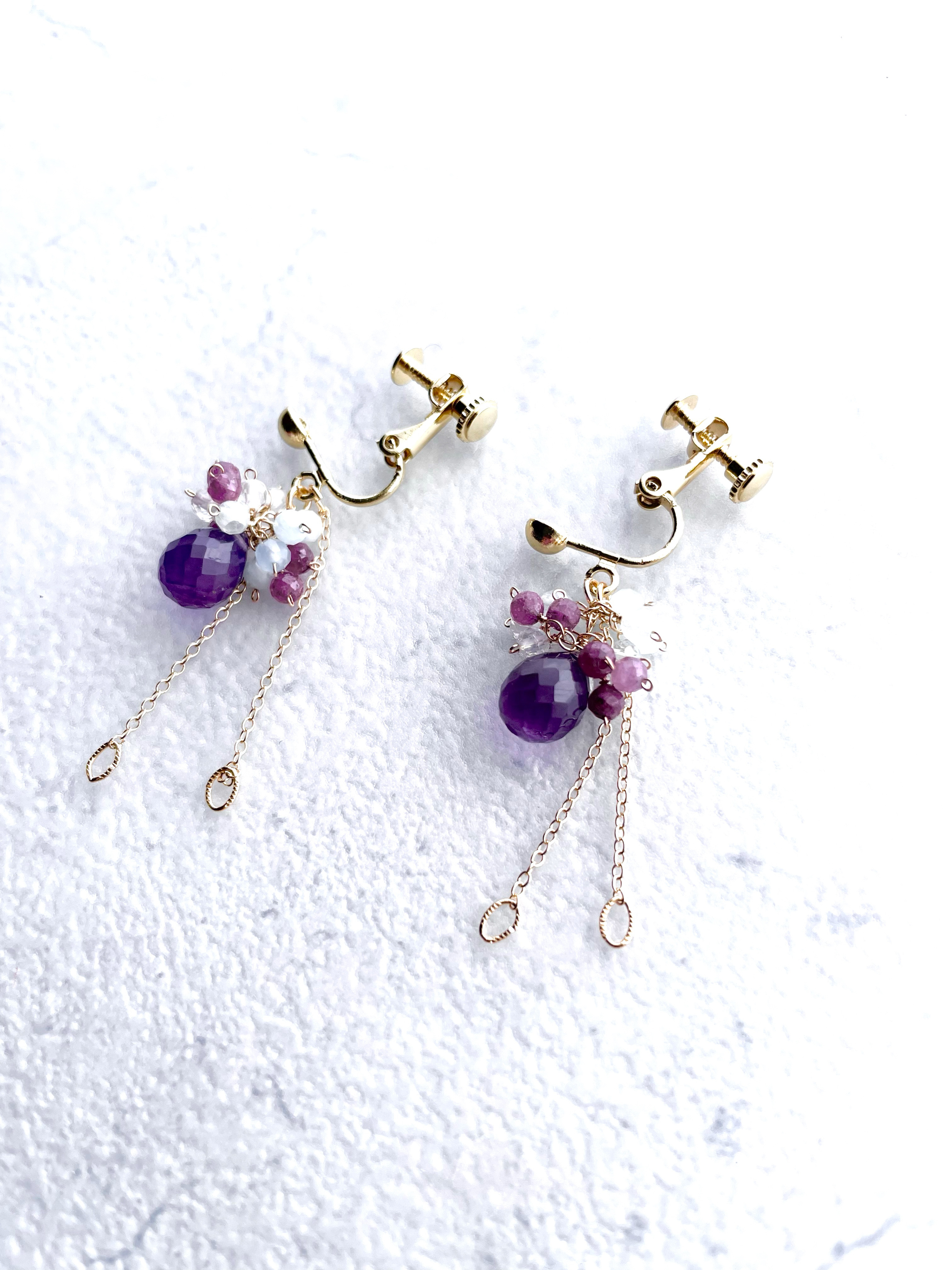 イヤリング　アメジスト　ルビー　アクアマリン　ギフト　ラベンダー　紫陽花　14kgf  天然石