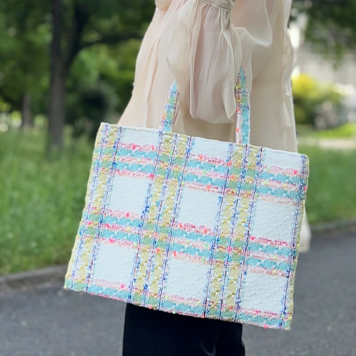 A4サイズ対応 横型トートバッグ リントンツイード チェック サブバッグ