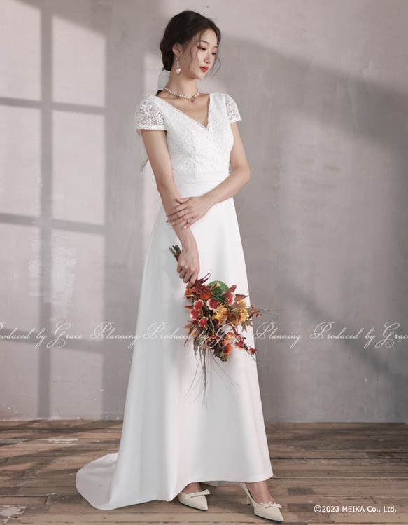 ウェディングドレス 袖あり 半袖 ７号９号11号 ブライダル 結婚式 挙式 前撮り ワンピース　gcd_80012 3枚目の画像