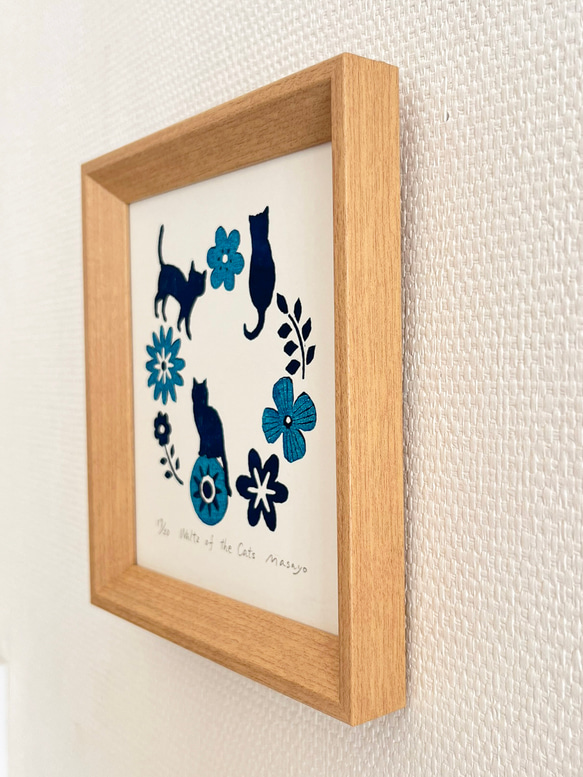花とネコの木版画 / 額入り / アート / インテリア 4枚目の画像