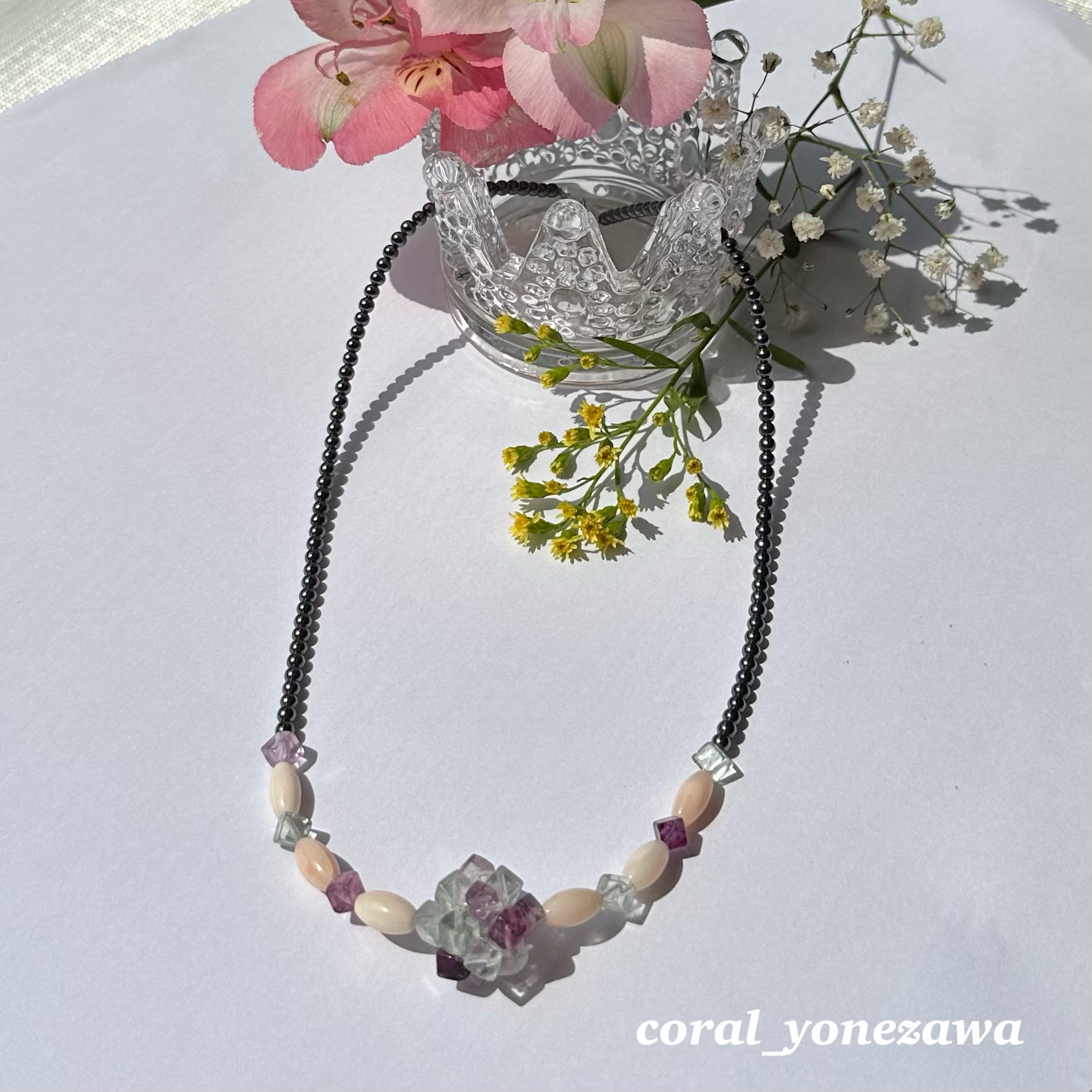オリジナルネックレス　珊瑚と紫陽花色のフローライト　R50526H1