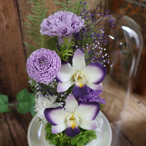 プリザーブドフラワー 仏花 ドーム ガラスドーム 紫蘭 喪中見舞い 初盆