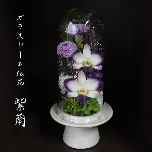仏花 ドーム プリザーブドフラワー ガラスドーム 紫蘭 喪中 仏花 ドーム プリザーブドフラワー ガラスドーム 紫蘭 喪中