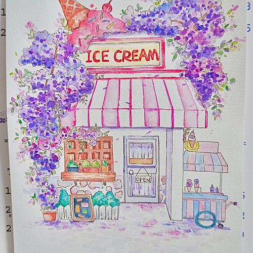 藤の花の一軒家【水彩画】手描き絵画可愛い風景画インテリア雑貨