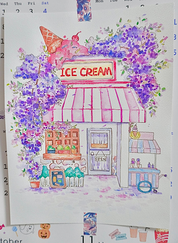 藤の花の一軒家【水彩画】手描き絵画可愛い風景画インテリア雑貨1枚のみ 3枚目の画像