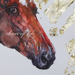 栗毛の馬と太陽光２０２３（水彩画用紙２８ｃｍ×２０ｃｍ、墨、水彩、金箔） 2枚目の画像