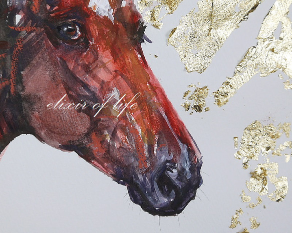 栗毛の馬と太陽光２０２３（水彩画用紙２８ｃｍ×２０ｃｍ、墨、水彩、金箔） 2枚目の画像