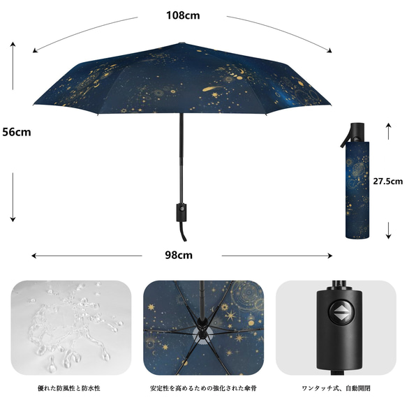 晴雨兼用、雨の中でも星空の世界を楽しめる、天体総柄（ゴールド） 折りたたみ傘・日傘（外側プリント） 7枚目の画像