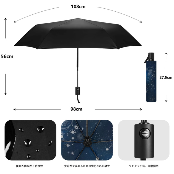 晴雨兼用、雨の中でも星空の世界を楽しめる、天体総柄（シルバー） 折りたたみ傘・日傘（内側プリント・外側ブラック） 6枚目の画像