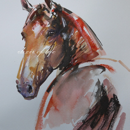 振り向く馬2023（水彩画用紙28cm×20cm、墨、水彩