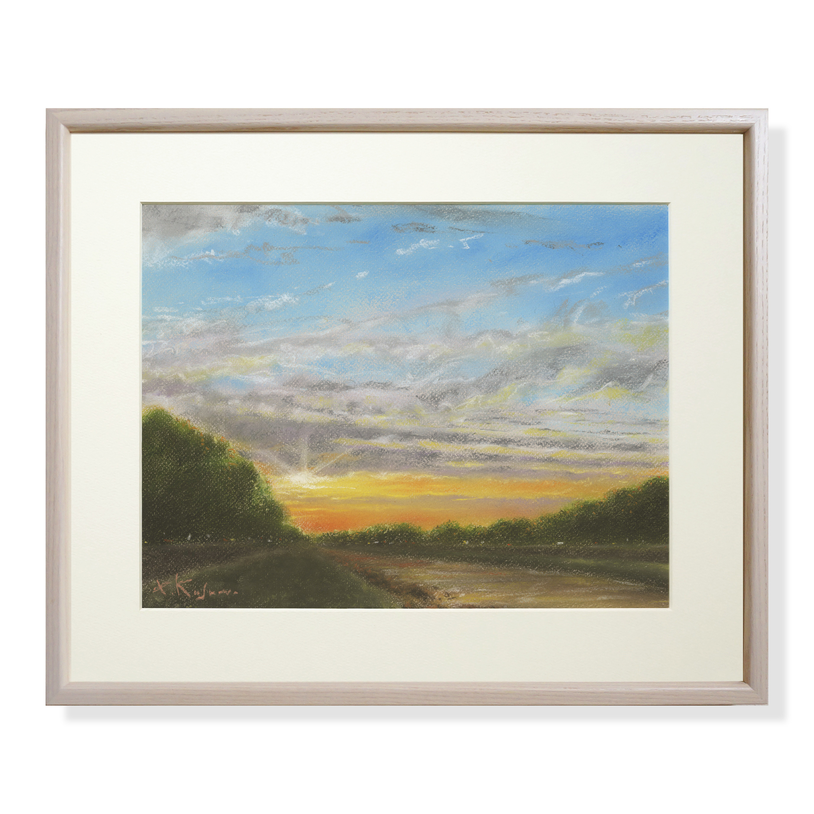 「数量限定 在庫処分セール」 河のある風景・夕暮れ（パステル画・マット紙付き） 絵画 絵画