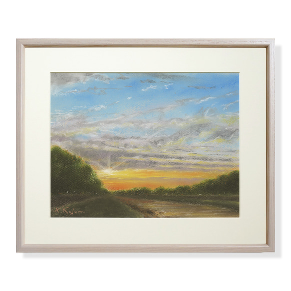 河のある風景：朝（パステル画・マット紙付き） 絵画 パステル画