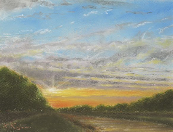 河のある風景・夕暮れ（パステル画・マット紙付き） 2枚目の画像