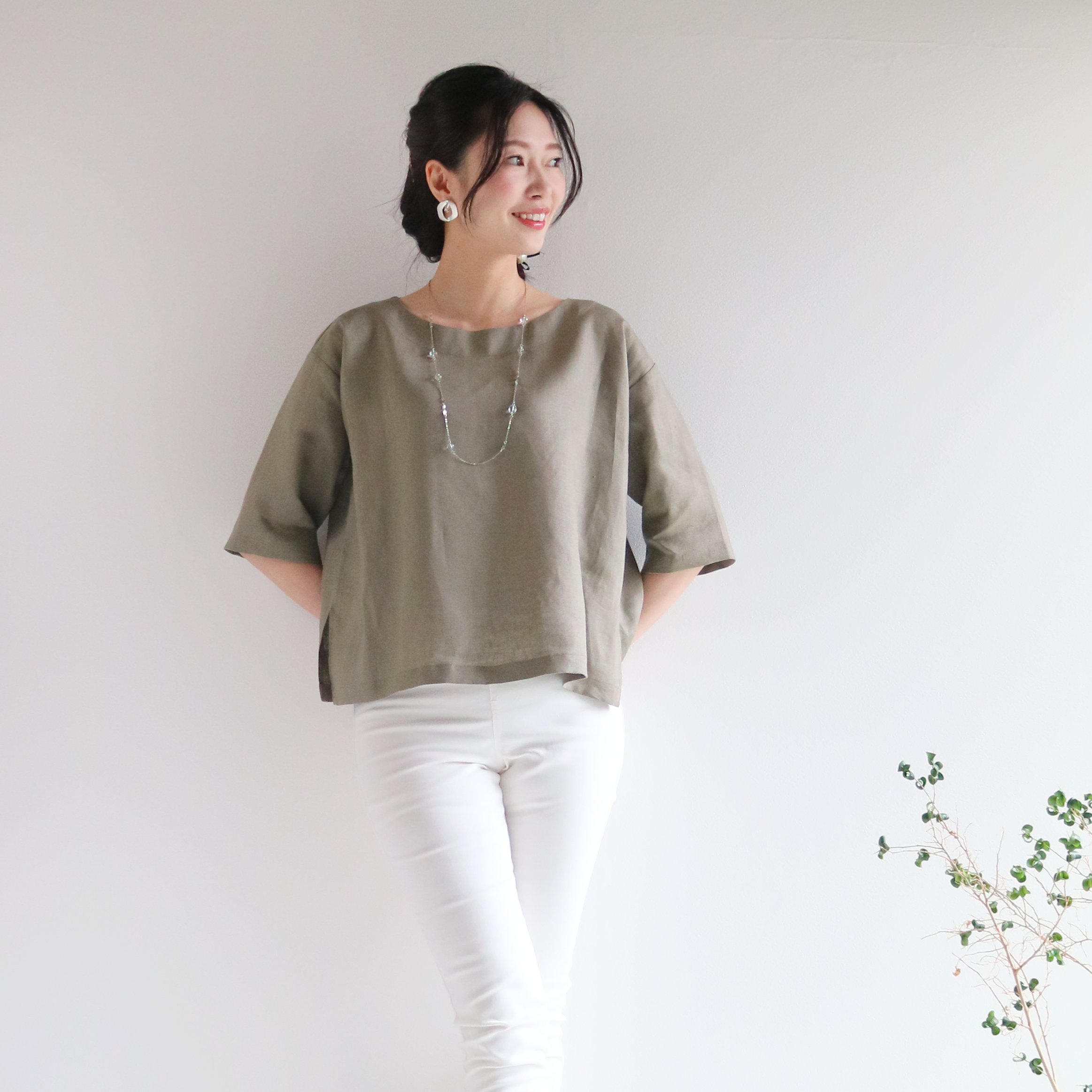 知的カラー【チャコールグレー】リネン100%ボートネックボックスプルオーバー♥