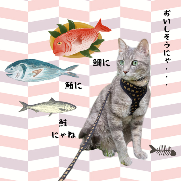 [ 猫さん大好き魚漢字 × ゴールド ]   ハーネス　猫用ハーネス&リード 3枚目の画像