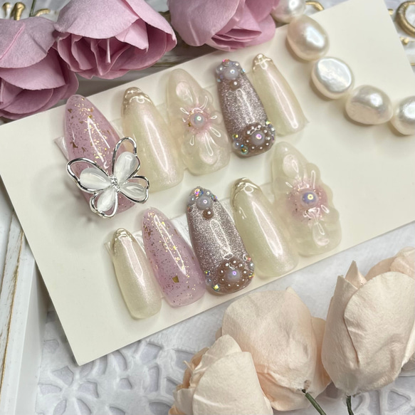 サイズオーダー♡ぷっくりフラワー×バタフライネイルチップ パープル  