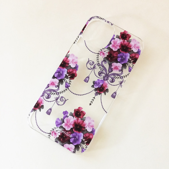 名入れ可 受注制作 iPhoneカバー ビオラブーケ ピンク 紫 クリア ハード ソフトケース すみれ パンジー 3枚目の画像