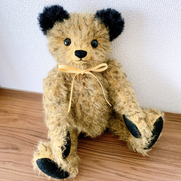 Nana Bee.♡ハンドメイド モヘア テディベア　イエローベージュxブラック 33cm 人気・おすすめ｜使いやすい・旅行におすすめ 品質保証 全国発送 在庫限り
