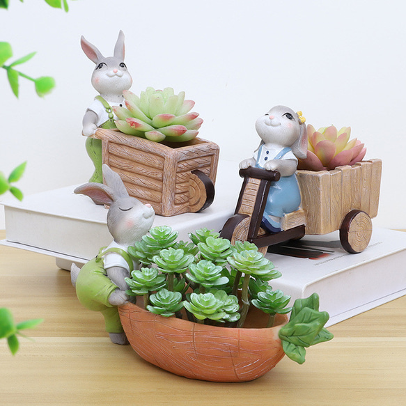 ミニプランター 可愛い植木鉢 小型 卓上用 多肉植物用 ウサギの庭の秋