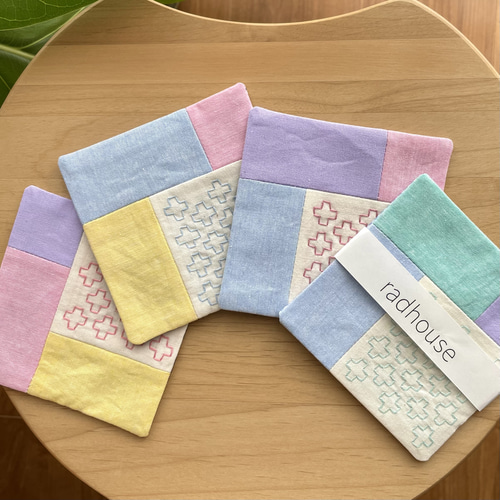 選べる刺し子コースター2枚セット パッチワーク/十の木/パステル