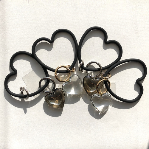 ハートガラスチャームseries スマホストラップ シリコンブラックハート