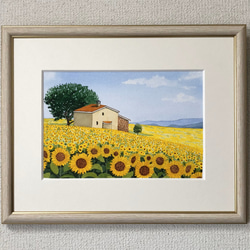 ひまわり畑」透明水彩画 原画 風景画 額縁付 SMサイズ 絵画 Oni