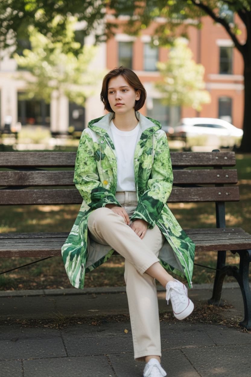 Green bouquet 全面柄レインコート　防水ジャケット