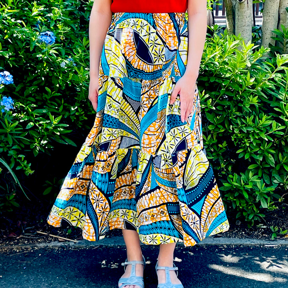 アフリカンプリント　ティアードスカート　夏色コーディネイト ウエスト調整可 7枚目の画像