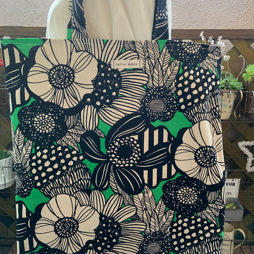 大きなトート アートフラワー グリーン お着替えや制服などを入れる