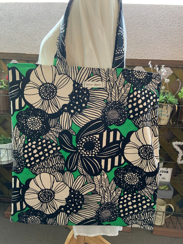 大きなトート アートフラワー グリーン お着替えや制服などを入れる