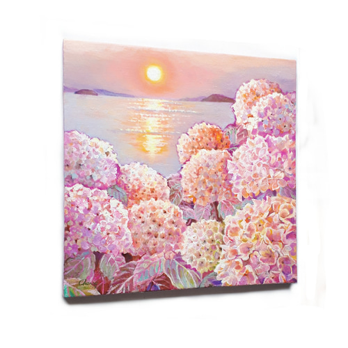 一点物】『 瀬戸内海の夕日と紫陽花 』油絵 油彩 油画 一点物】『 瀬戸内海の夕日と紫陽花 』油絵 油彩 油画