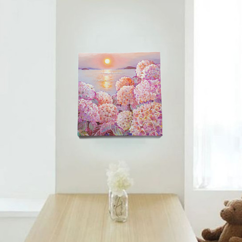 一点物】『 瀬戸内海の夕日と紫陽花 』油絵 油彩 油画 一点物】『 瀬戸内海の夕日と紫陽花 』油絵 油彩 油画