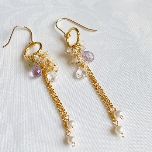 14kgf ピンクアメジスト、トパーズ、オパールのカスケードブーケ