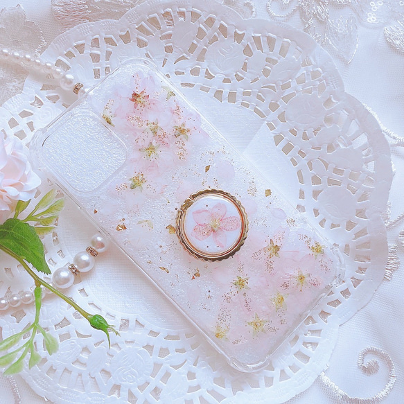 リング付き♡桜の花びら舞うスマホケース♡iPhone GALAXY Xperia oppo reno 2枚目の画像