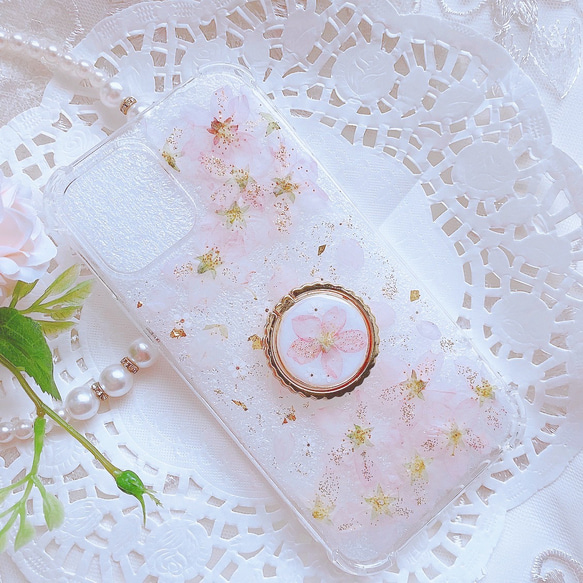 リング付き♡桜の花びら舞うスマホケース♡iPhone GALAXY Xperia oppo reno 1枚目の画像