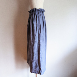 『新作』リネンのハイウェストギャザーパンツ　ロングキュロットスカート　フリーサイズ　ゴムウェスト　ラベンダーグレー 3枚目の画像