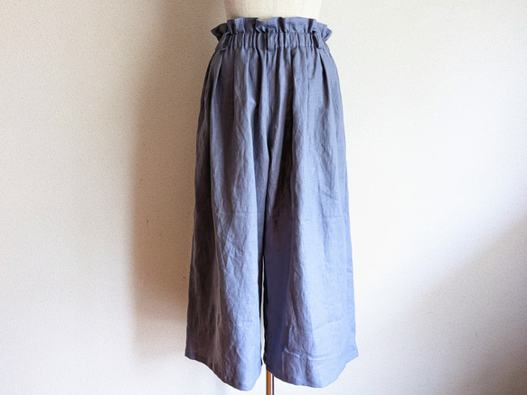 『新作』リネンのハイウェストギャザーパンツ　ロングキュロットスカート　フリーサイズ　ゴムウェスト　ラベンダーグレー 6枚目の画像