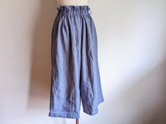 『新作』リネンのハイウェストギャザーパンツ　ロングキュロットスカート　フリーサイズ　ゴムウェスト　ラベンダーグレー 2枚目の画像