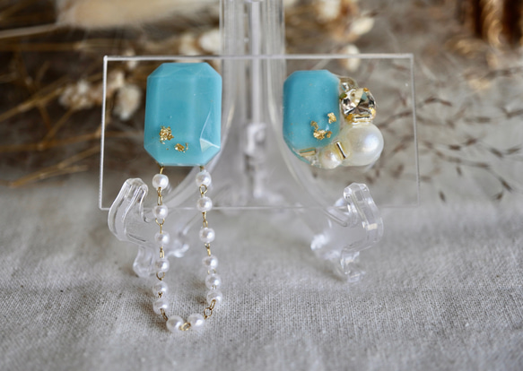 手染めビーズと薔薇ビジュー♡ アシメ ピアス/イヤリング✩*॰¨ 新作】薔薇