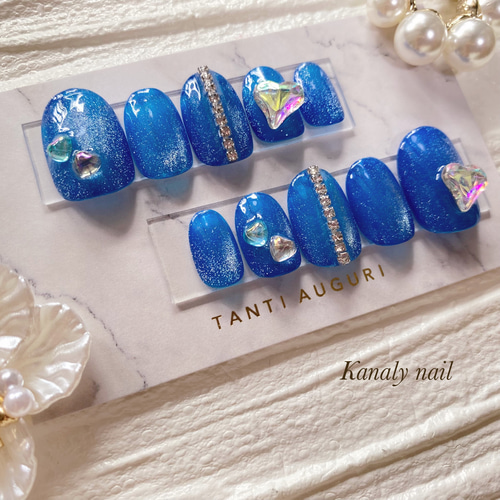 オーダー制】 青 ブルー ハート マグネットネイル ワンホンネイル