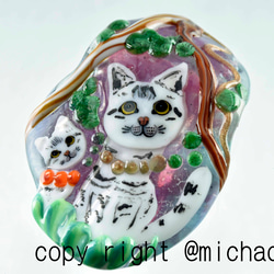 創作トンボ玉　　猫　アートガラスのジュエリー　　cat ペンダントトップ(10747-489ｙ）作家物一点物 5枚目の画像