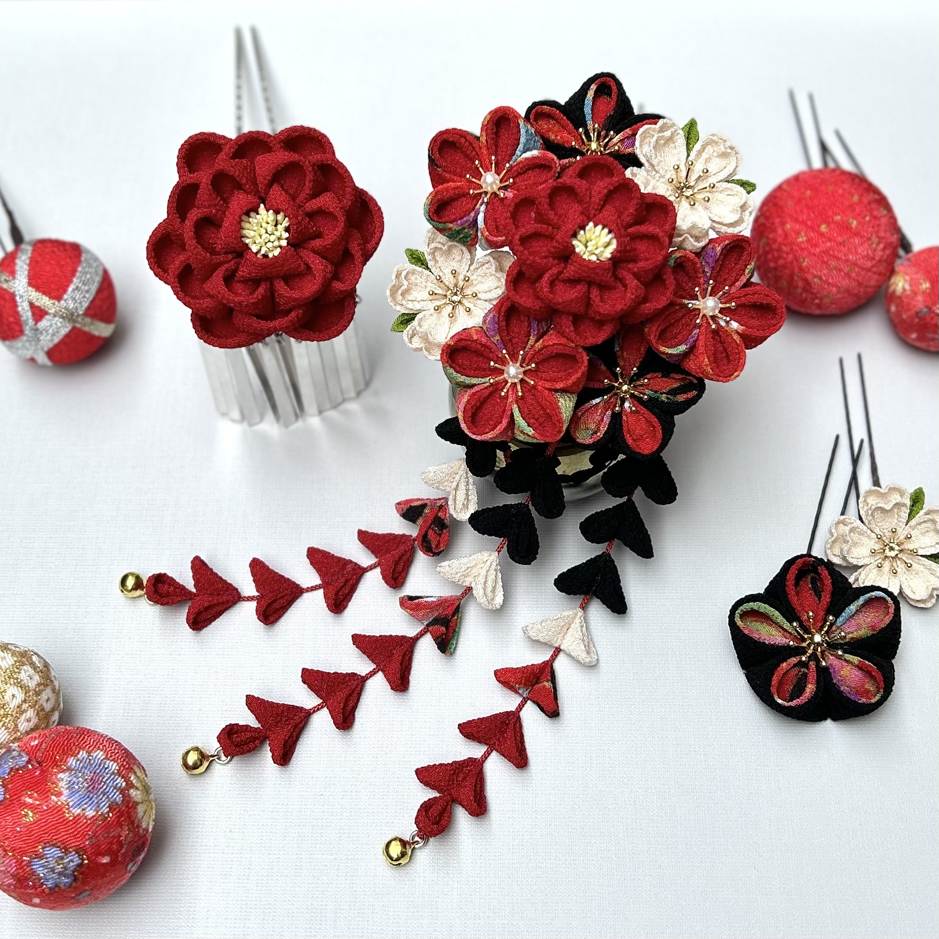 簪セット 髪飾り 七五三 赤 卒業式 つまみ細工 成人式 再々販