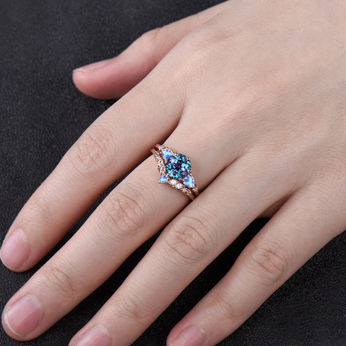 6 月の誕生石アレキサンドライト婚約指輪セット天然ブルームーン